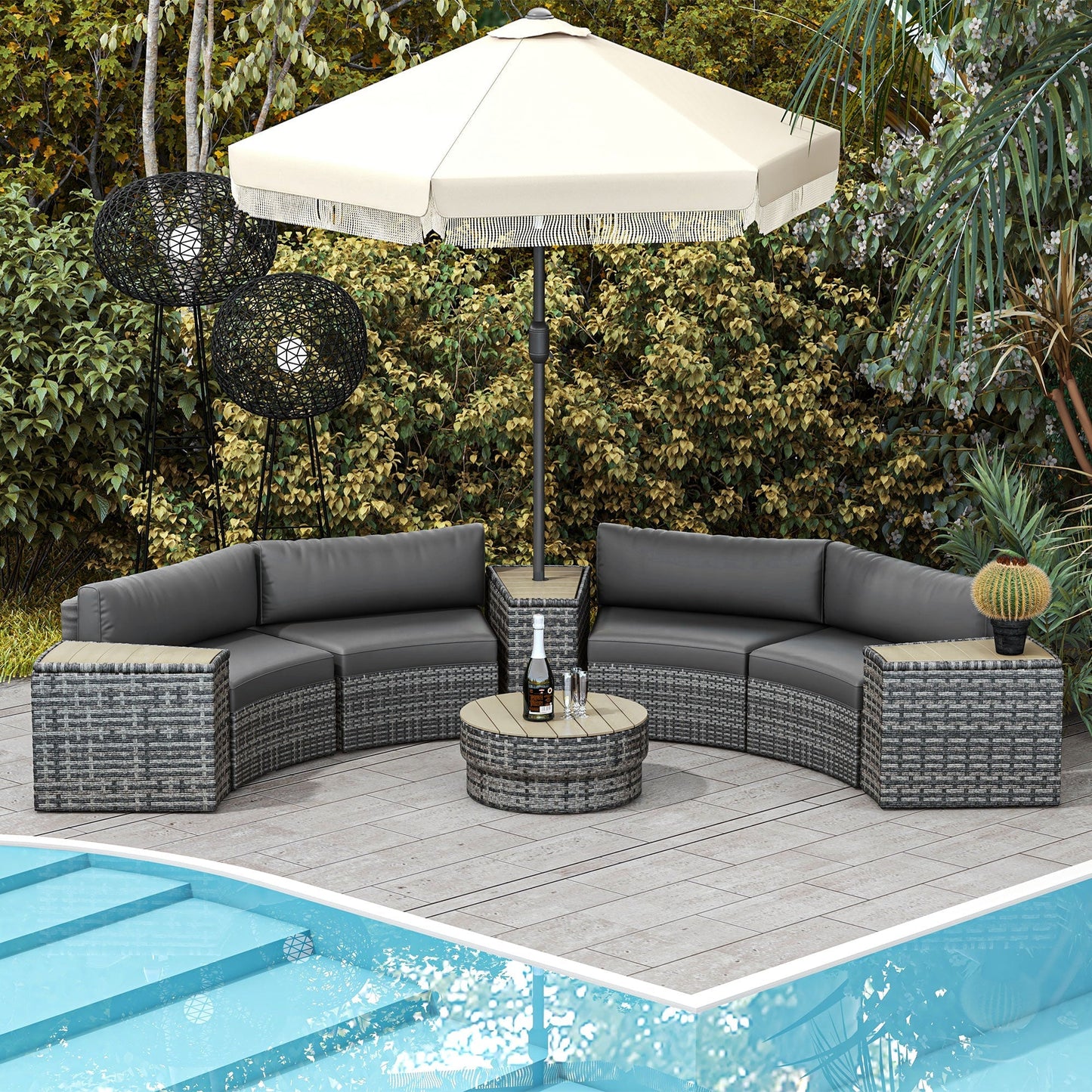 Outsunny 8PC Outdoor Conversation Set w/ 4 Rattan Sofa Chairs, 4 Tables & Umbrella Hole, Mixed Gray - 860-310V00GY