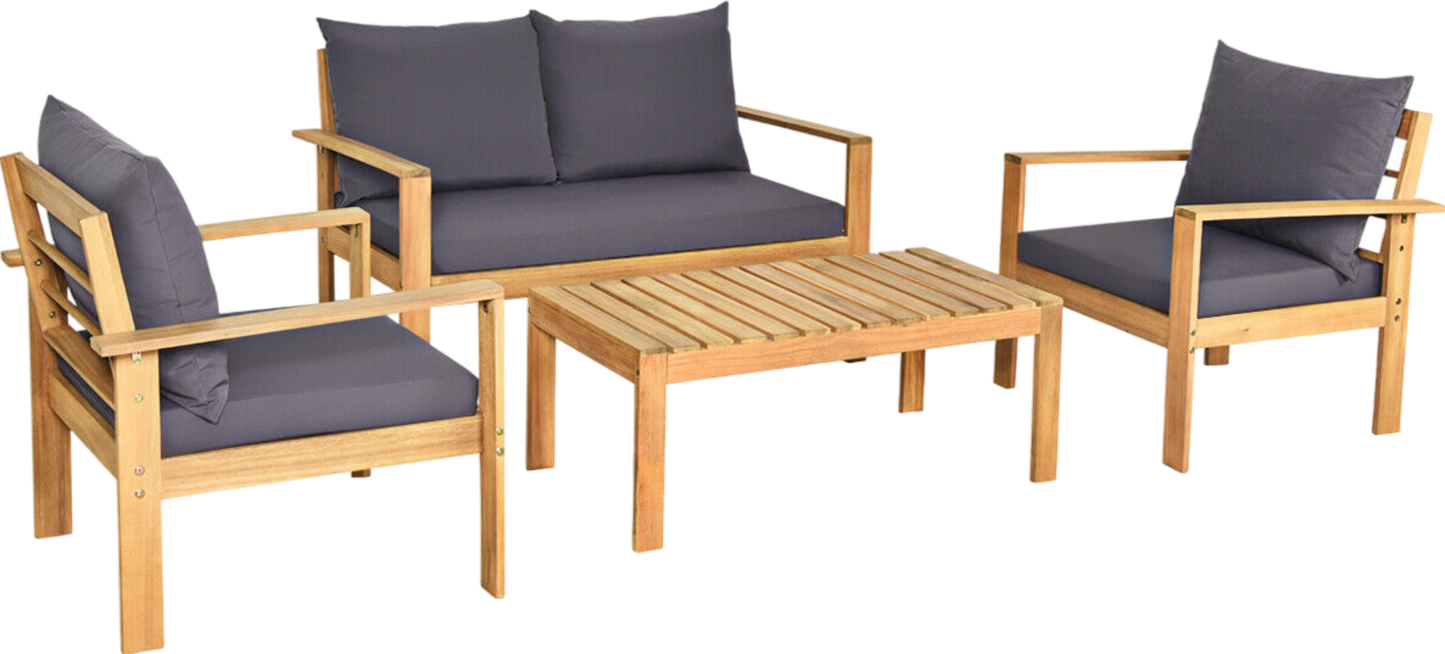 Costway Patio Furniture Set 4 Pieces Acacia Wood with Water Resistant Cushions New - HW69256GR+