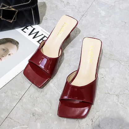 Confort été bout carré Peep-toe pantoufles femmes talon haut
