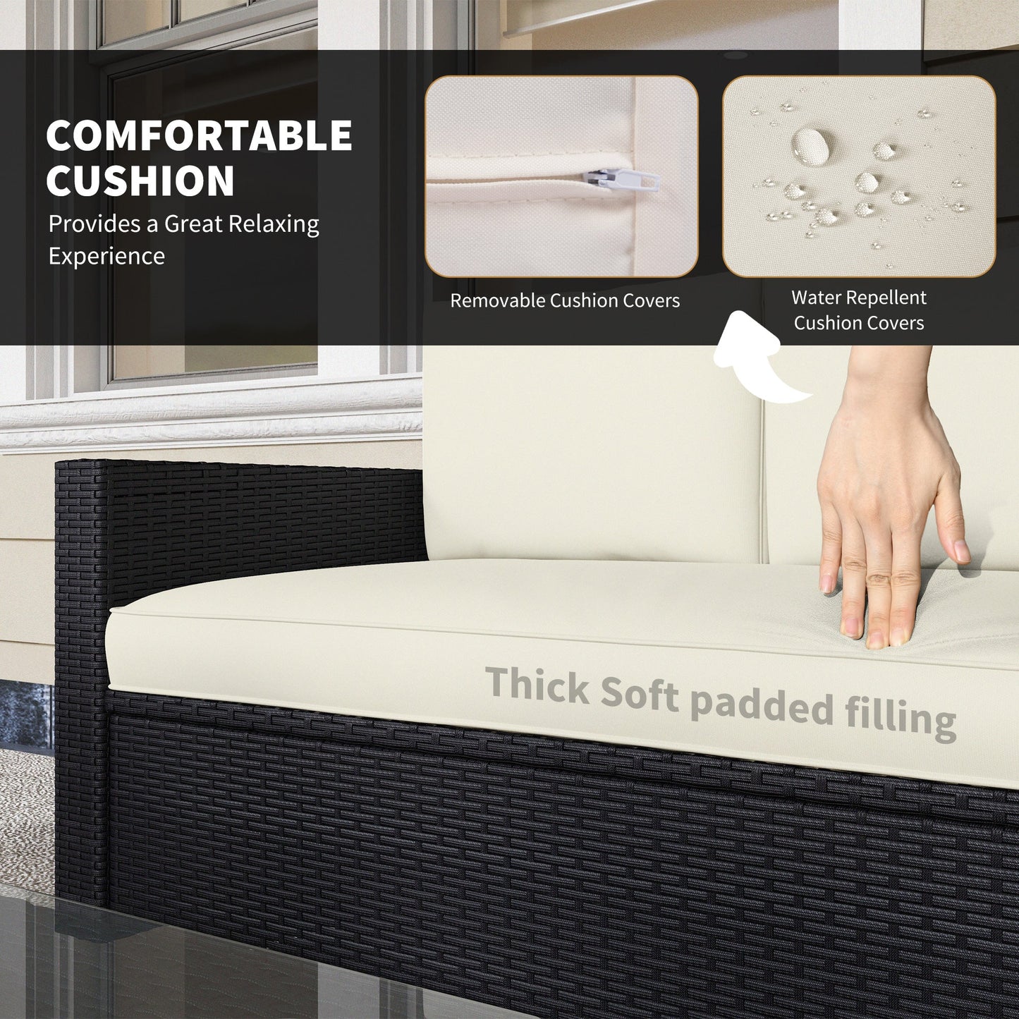 Outsunny 4-Piece Rattan Patio Sofa Set with Loveseat & Glass Coffee Table, Cream - 841-086V02CW