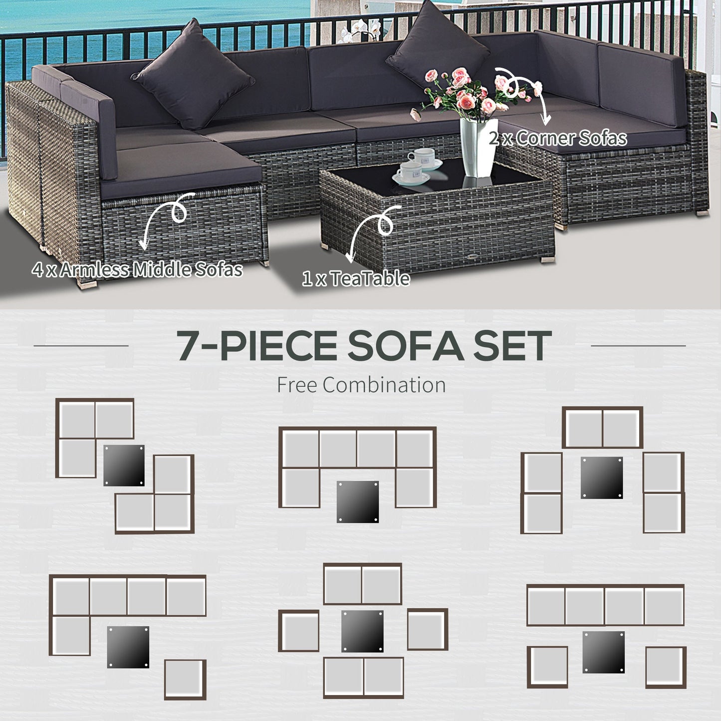 Outsunny 7-Piece All-Weather PE Rattan Sectional Sofa Set with Cushions & Glass Table, Gray - 860-020V01GY