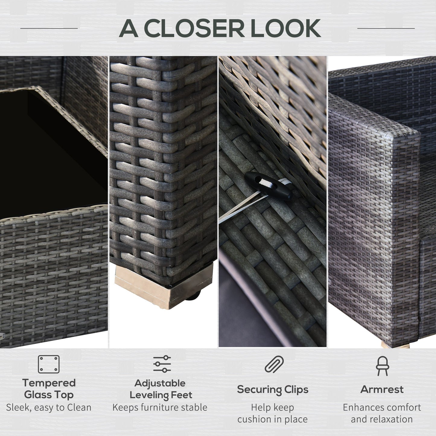 Outsunny 7-Piece All-Weather PE Rattan Sectional Sofa Set with Cushions & Glass Table, Gray - 860-020V01GY