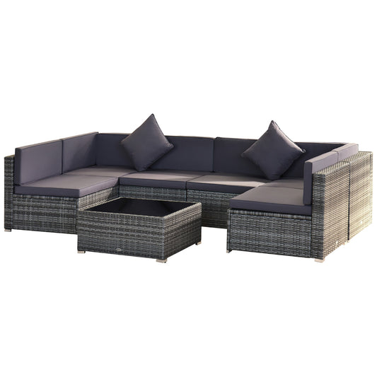 Outsunny 7-Piece All-Weather PE Rattan Sectional Sofa Set with Cushions & Glass Table, Gray - 860-020V01GY