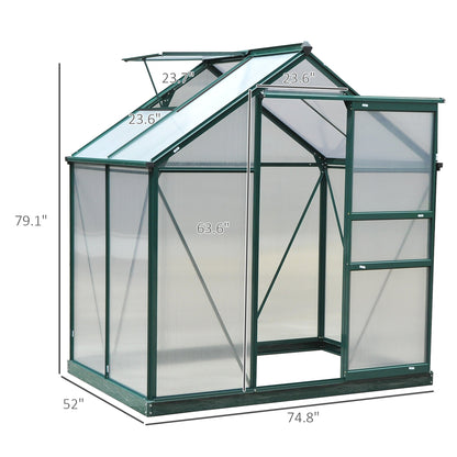 Outsunny 6' x 4' Polycarbonate Greenhouse with Rain Gutter and Roof Vent for Outdoor Garden, Dark Green - 845-057