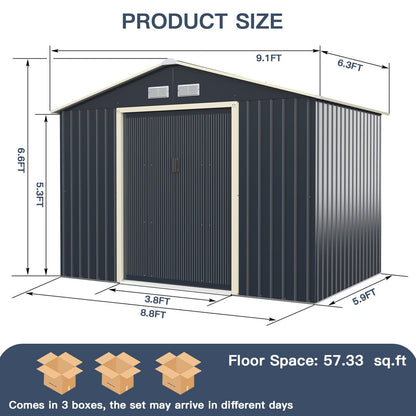 Costway Metal Storage Shed 9' x 6' with Sliding Double Lockable Doors New - GT3732GR+