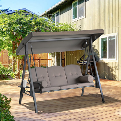 3-Seat Patio Swing Chair with Adjustable Canopy, Removable Cushion & Side Trays, Brown - 84A-068BN