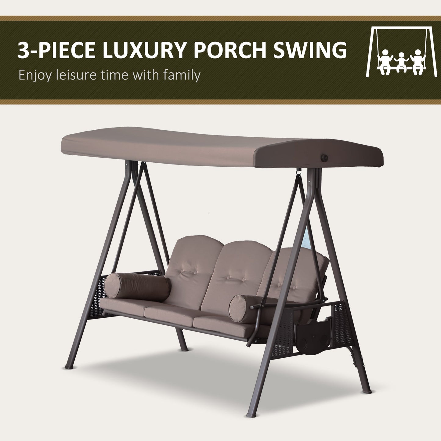 3-Seat Patio Swing Chair with Adjustable Canopy, Removable Cushion & Side Trays, Brown - 84A-068BN