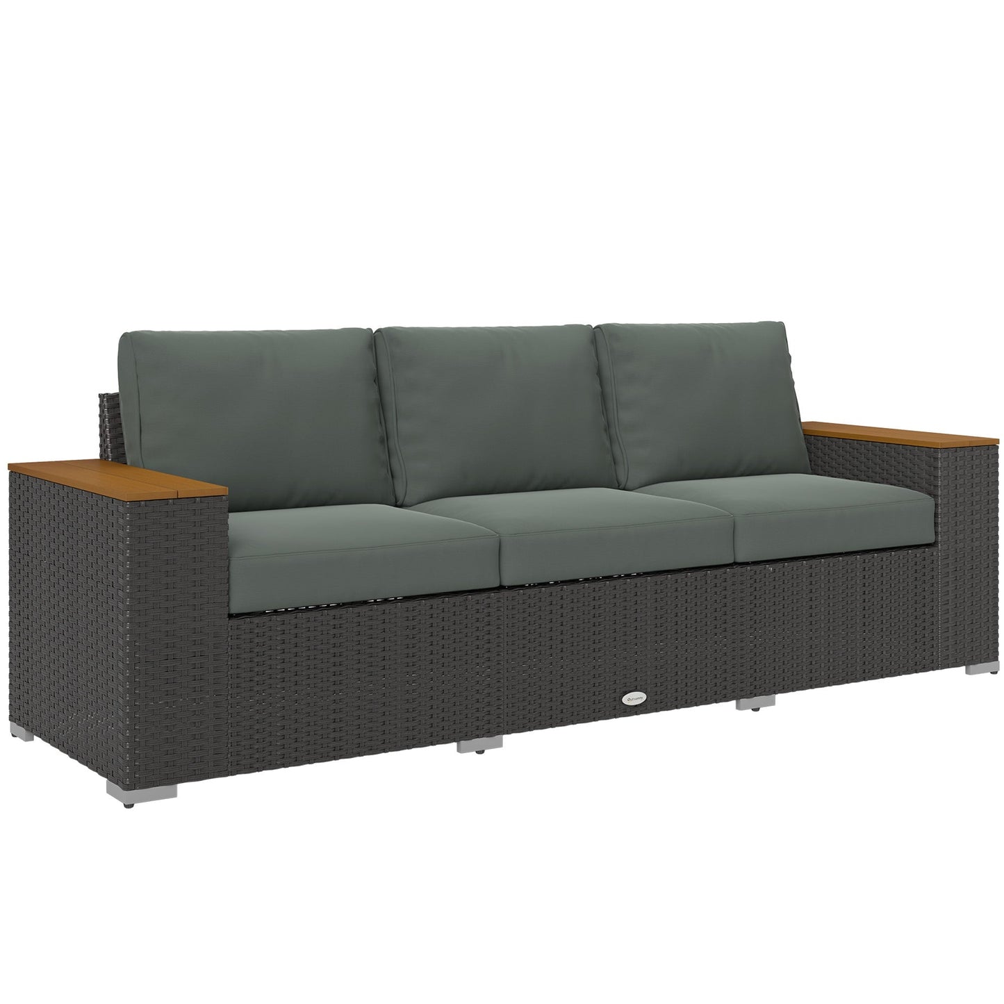 Outsunny 3-Seat Rattan Patio Couch with Cushions and Wood Grain Wide Armrests, Dark Gray - 860-304V00CG
