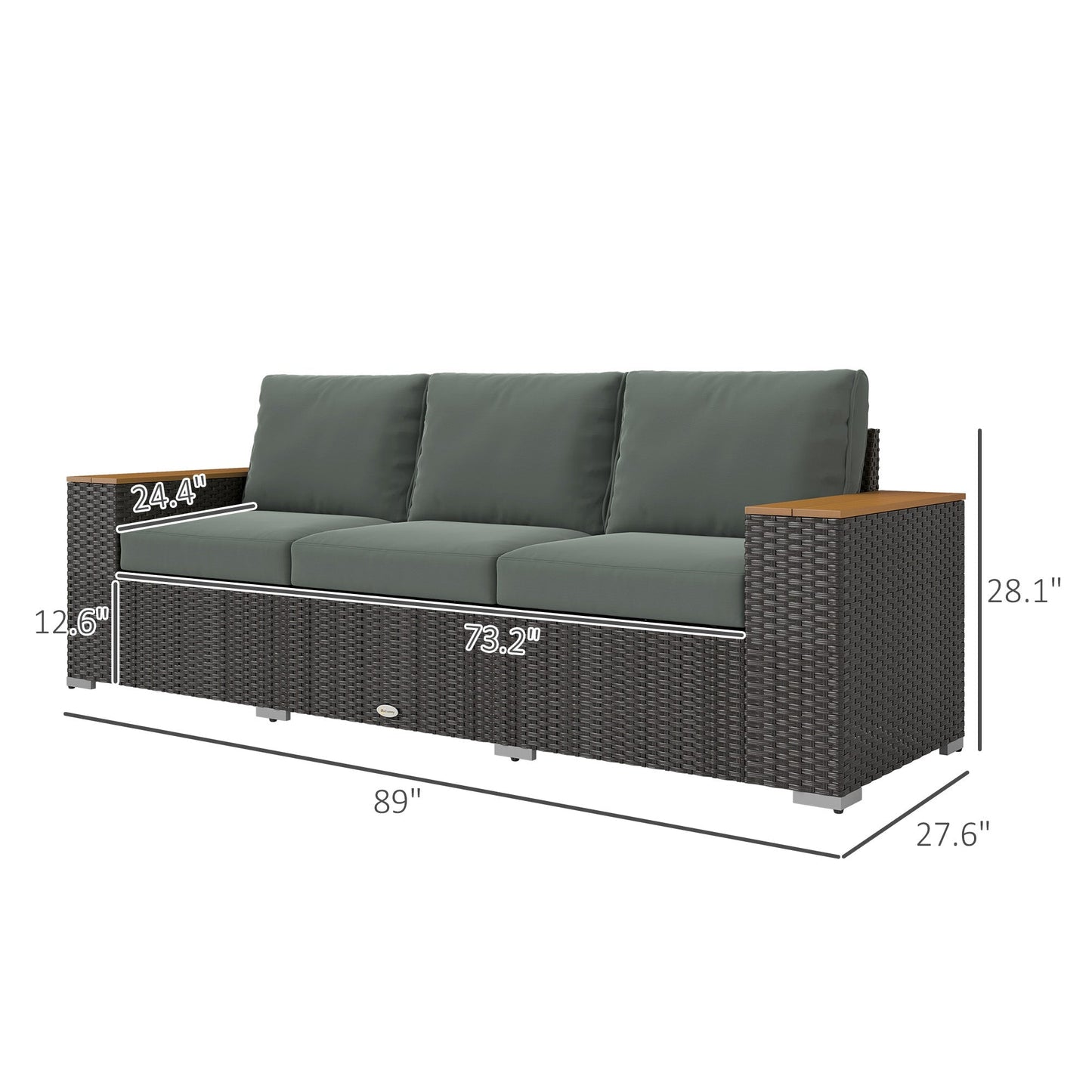 Outsunny 3-Seat Rattan Patio Couch with Cushions and Wood Grain Wide Armrests, Dark Gray - 860-304V00CG