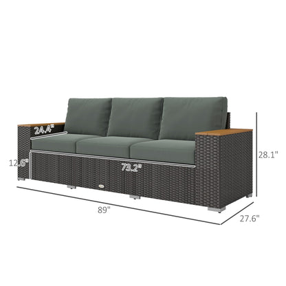 Outsunny 3-Seat Rattan Patio Couch with Cushions and Wood Grain Wide Armrests, Dark Gray - 860-304V00CG
