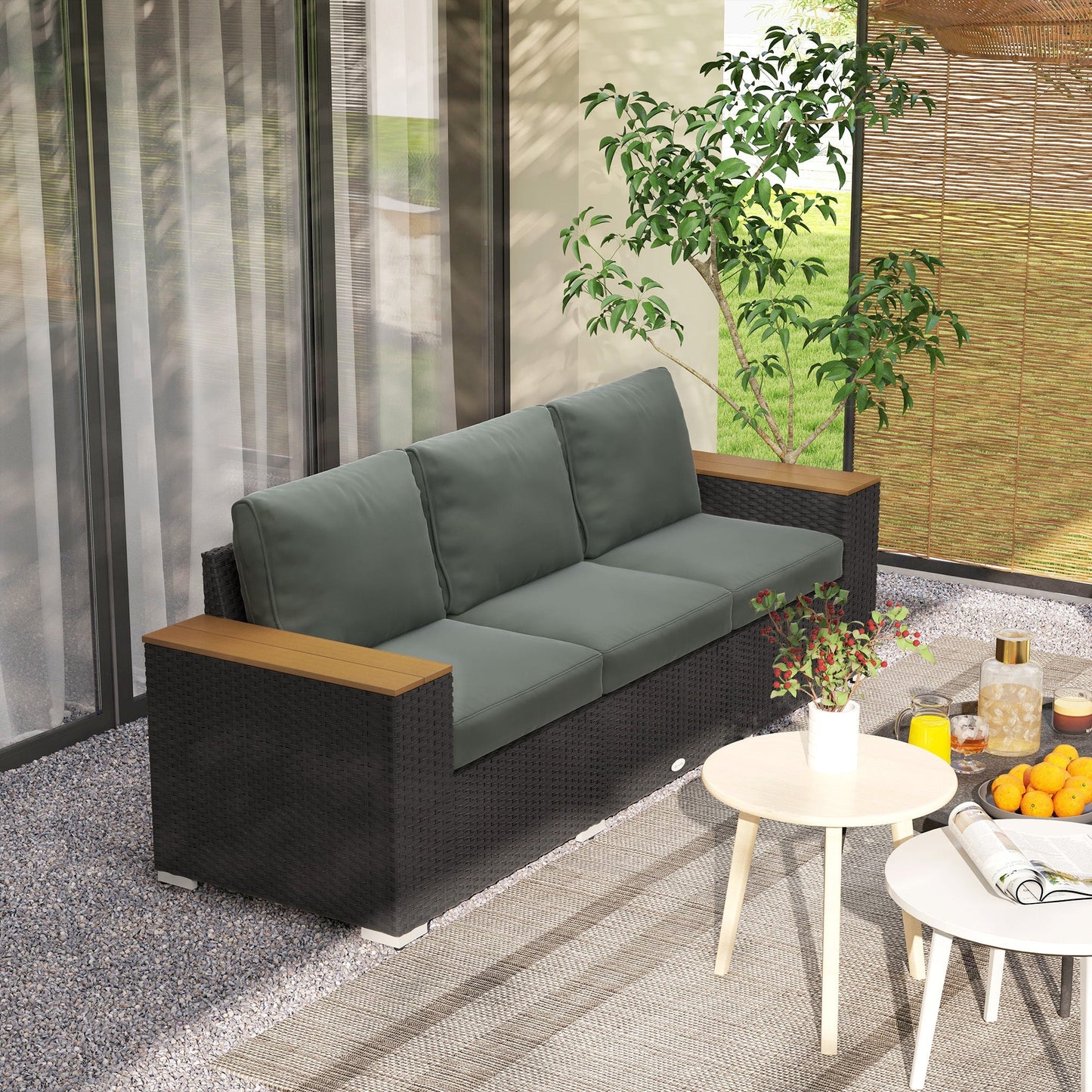 Outsunny 3-Seat Rattan Patio Couch with Cushions and Wood Grain Wide Armrests, Dark Gray - 860-304V00CG