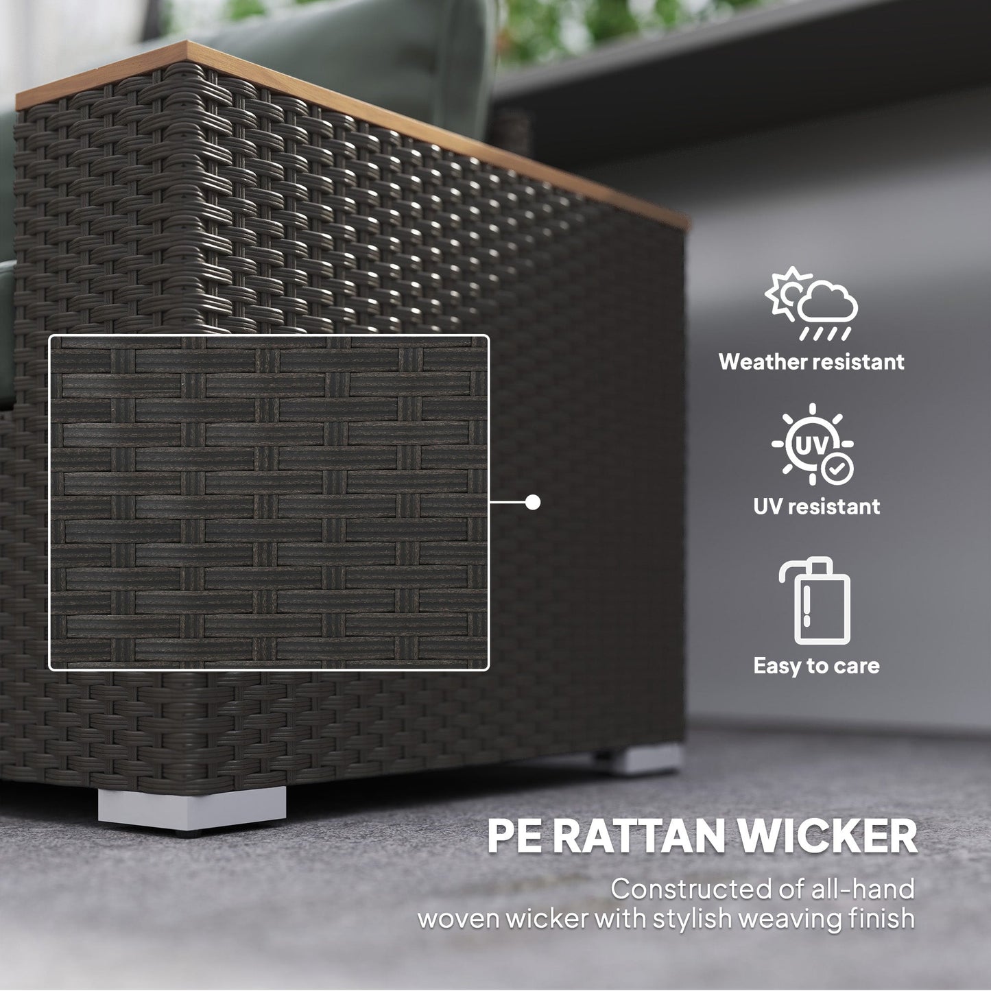 Outsunny 3-Seat Rattan Patio Couch with Cushions and Wood Grain Wide Armrests, Dark Gray - 860-304V00CG