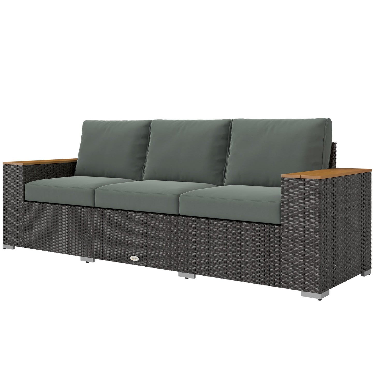 Outsunny 3-Seat Rattan Patio Couch with Cushions and Wood Grain Wide Armrests, Dark Gray - 860-304V00CG