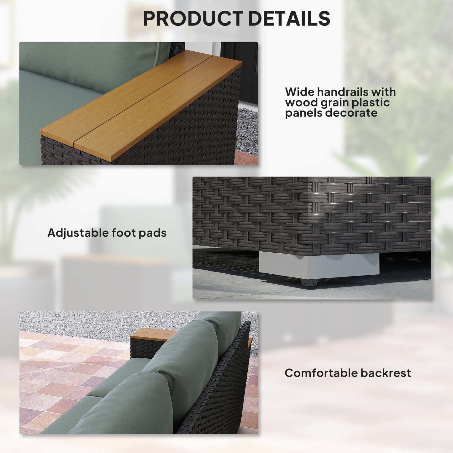 Outsunny 3-Seat Rattan Patio Couch with Cushions and Wood Grain Wide Armrests, Dark Gray - 860-304V00CG