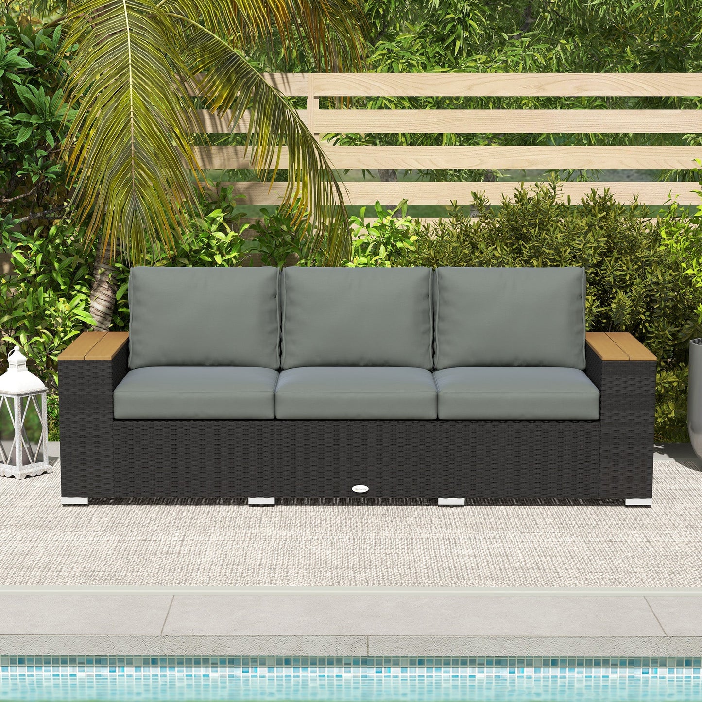 Outsunny 3-Seat Rattan Patio Couch with Cushions and Wood Grain Wide Armrests, Dark Gray - 860-304V00CG