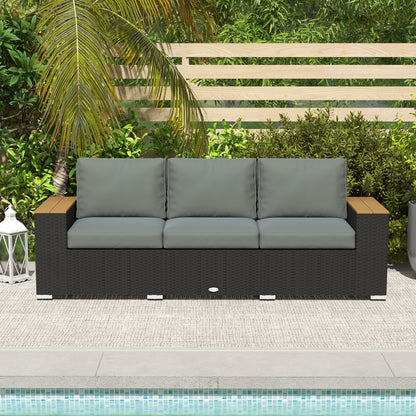Outsunny 3-Seat Rattan Patio Couch with Cushions and Wood Grain Wide Armrests, Dark Gray - 860-304V00CG