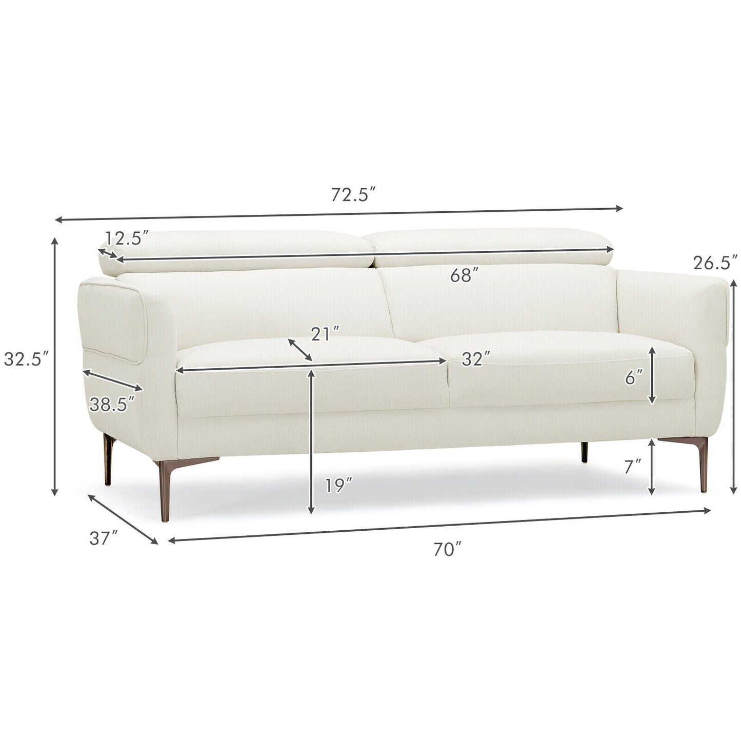Costway Modern Loveseat Sofa 72.5" with Adjustable Headrest New - HV10184WL-12WH