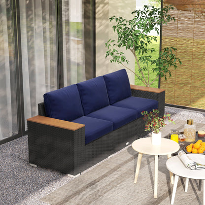 Outsunny 3-Seat Rattan Patio Couch with Cushions and Wood Grain Wide Armrests, Navy Blue - 860-304V00DB