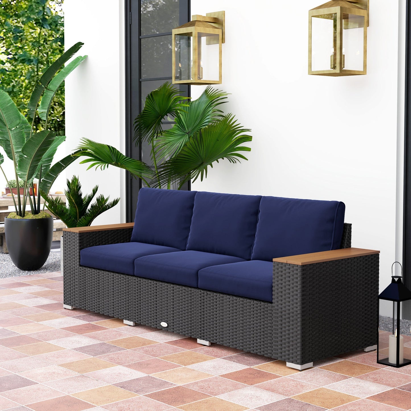 Outsunny 3-Seat Rattan Patio Couch with Cushions and Wood Grain Wide Armrests, Navy Blue - 860-304V00DB