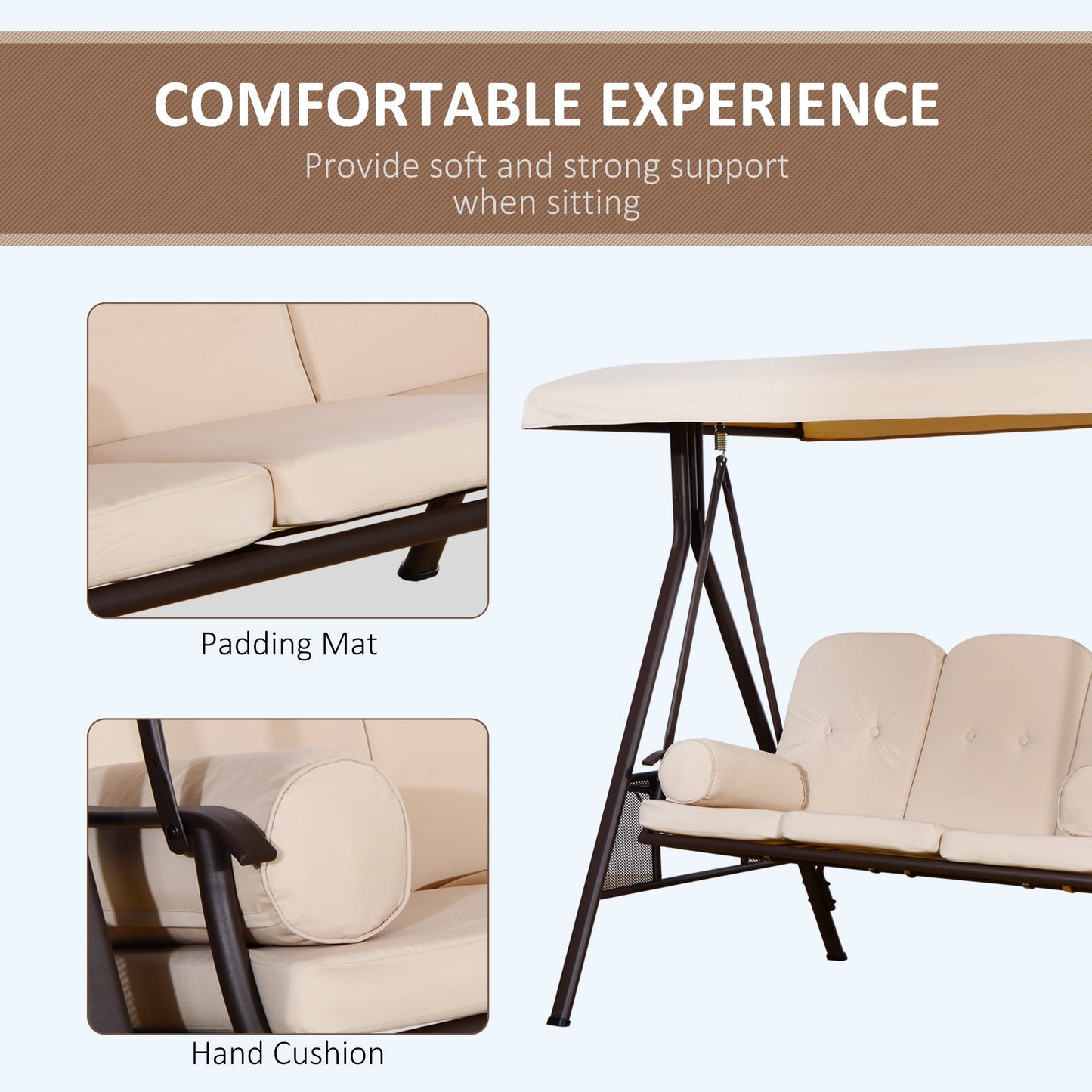 Outsunny 3-Seat Patio Swing Chair with Adjustable Canopy, Removable Cushion & Pillows, Beige -84A-068