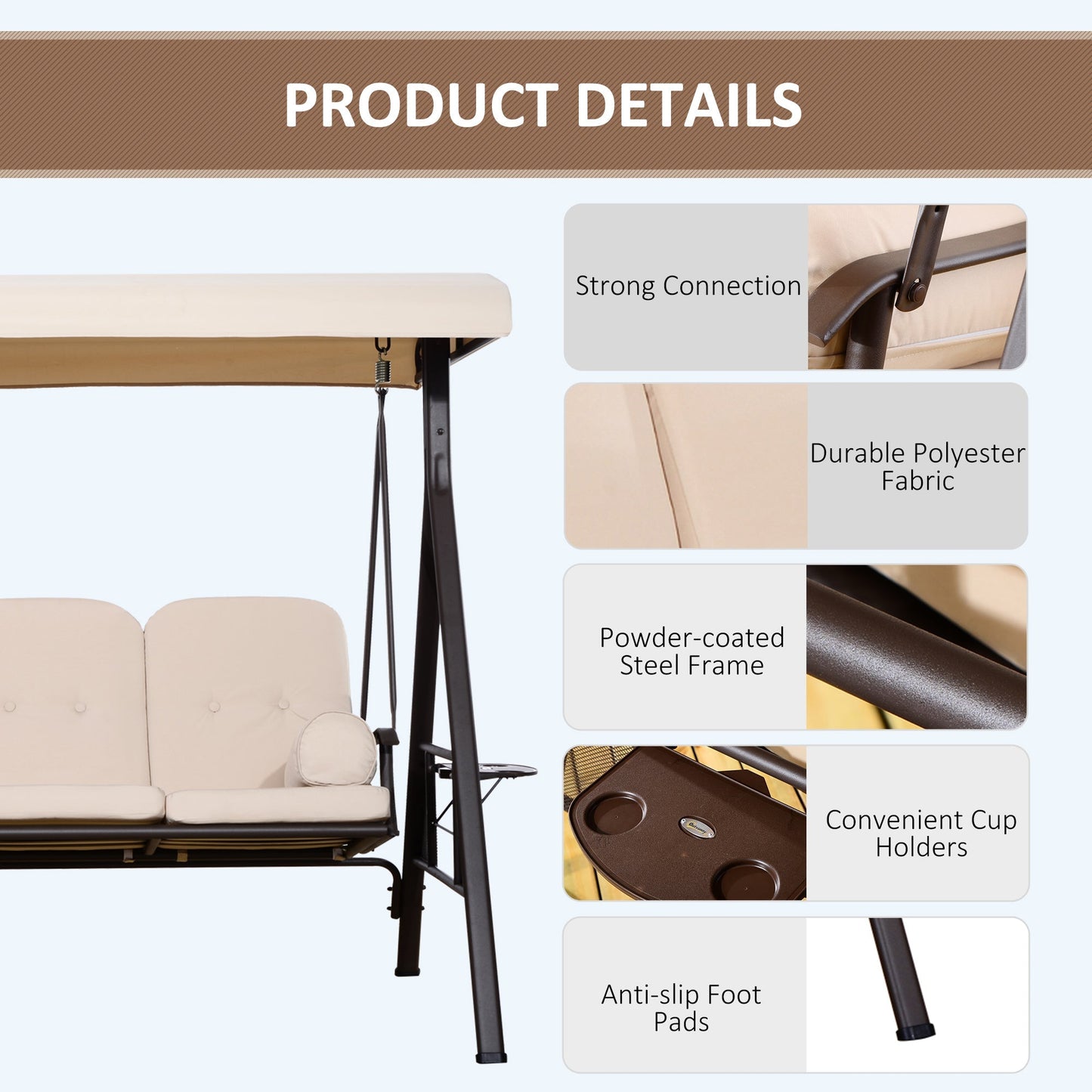 Outsunny 3-Seat Patio Swing Chair with Adjustable Canopy, Removable Cushion & Pillows, Beige -84A-068