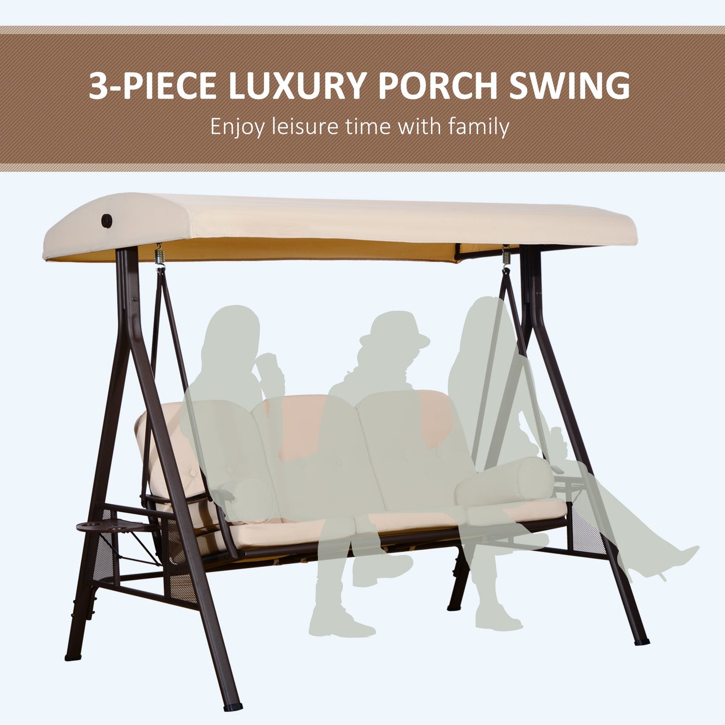 Outsunny 3-Seat Patio Swing Chair with Adjustable Canopy, Removable Cushion & Pillows, Beige -84A-068