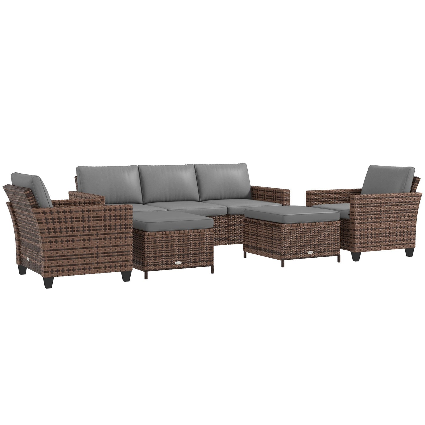 Outsunny 5-Piece PE Rattan Patio Set with 3-Seater Sofa, Armchairs, Footstools & Cushions, Mixed Brown - 860-311V00MB