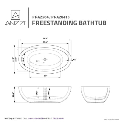 Anzzi Lusso 6.3 ft. Solid Surface Center Drain Freestanding Bathtub in Matte White FT-AZ504 - FT-AZ504