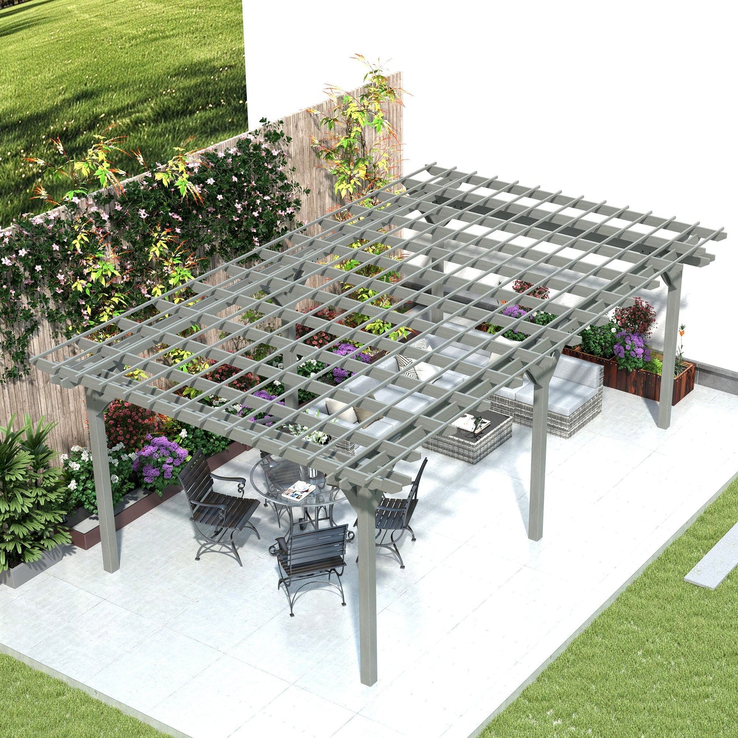 12' x 20' Wood Pergola with Sturdy Trellis for Climbing Plants, Gray