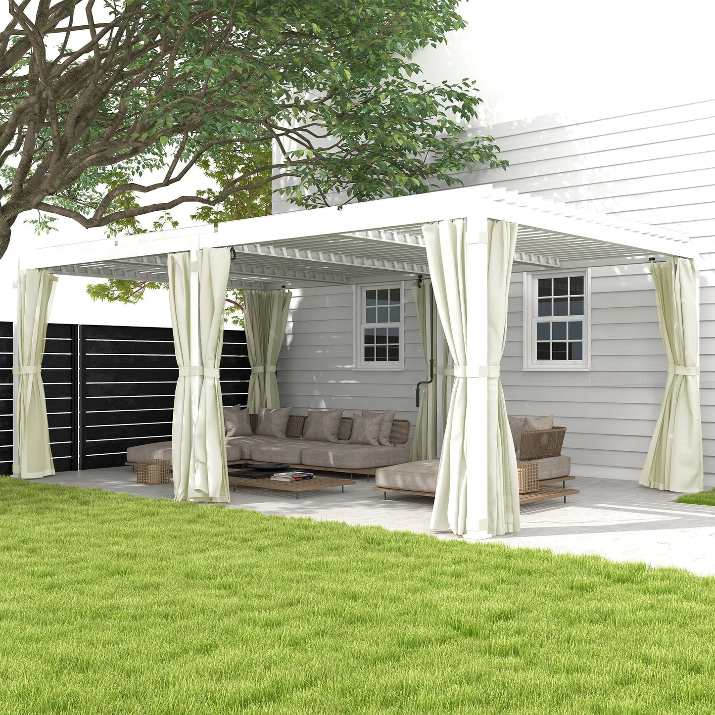 Outsunny 12' x 19' Pergola with Adjustable Louvered, Outdoor Pergola with Curtains and Netting, Cream White - 84C-509V00WT