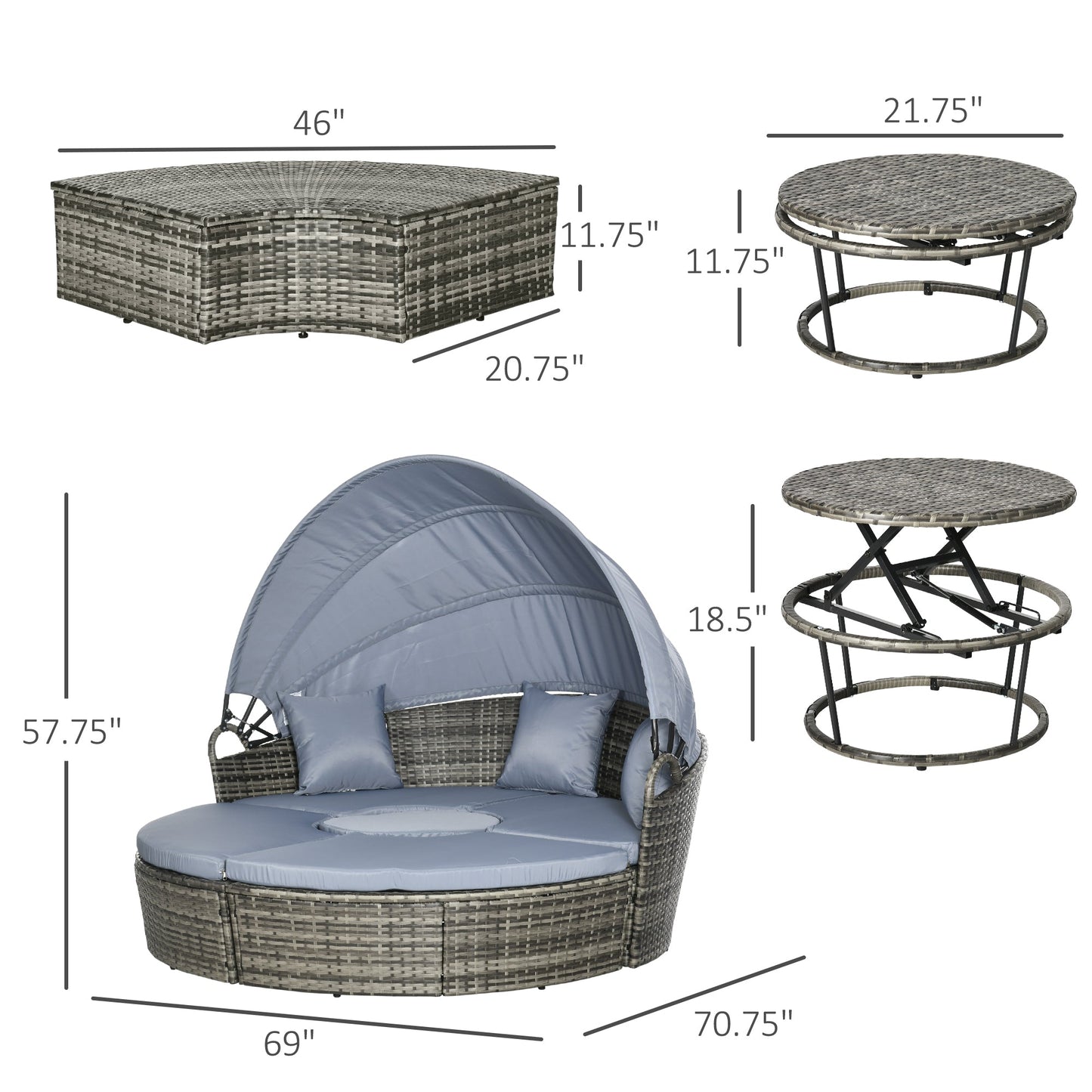 Outsunny Round Outdoor Daybed with Canopy, 4-Piece Sectional Outdoor Sofa, 3 Chairs, Tea Table, Light Gray - 862-047V00GG