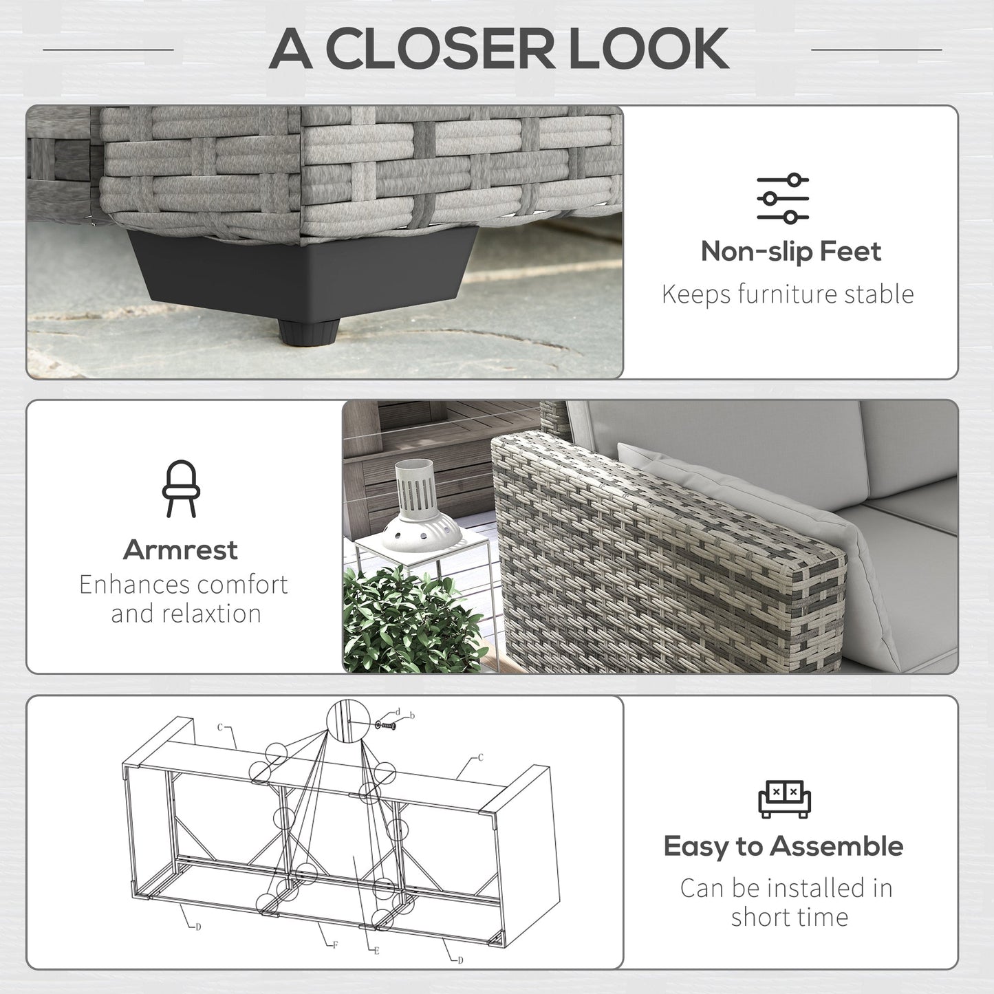 Outsunny 3-Seater Deep Seating Outdoor Sofa with Removable Cushions, Gray - 860-308V00GY