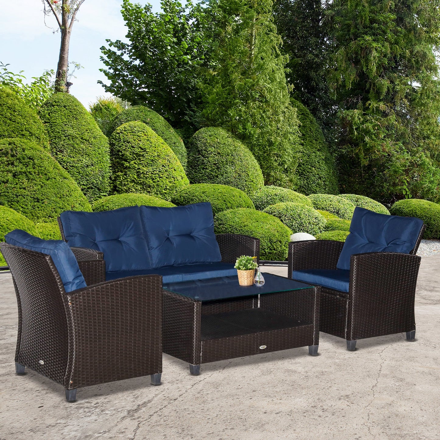 Outsunny 4-Piece PE Rattan Patio Set with Cushions & Two-Tier Coffee Table, Blue - 860-117BU