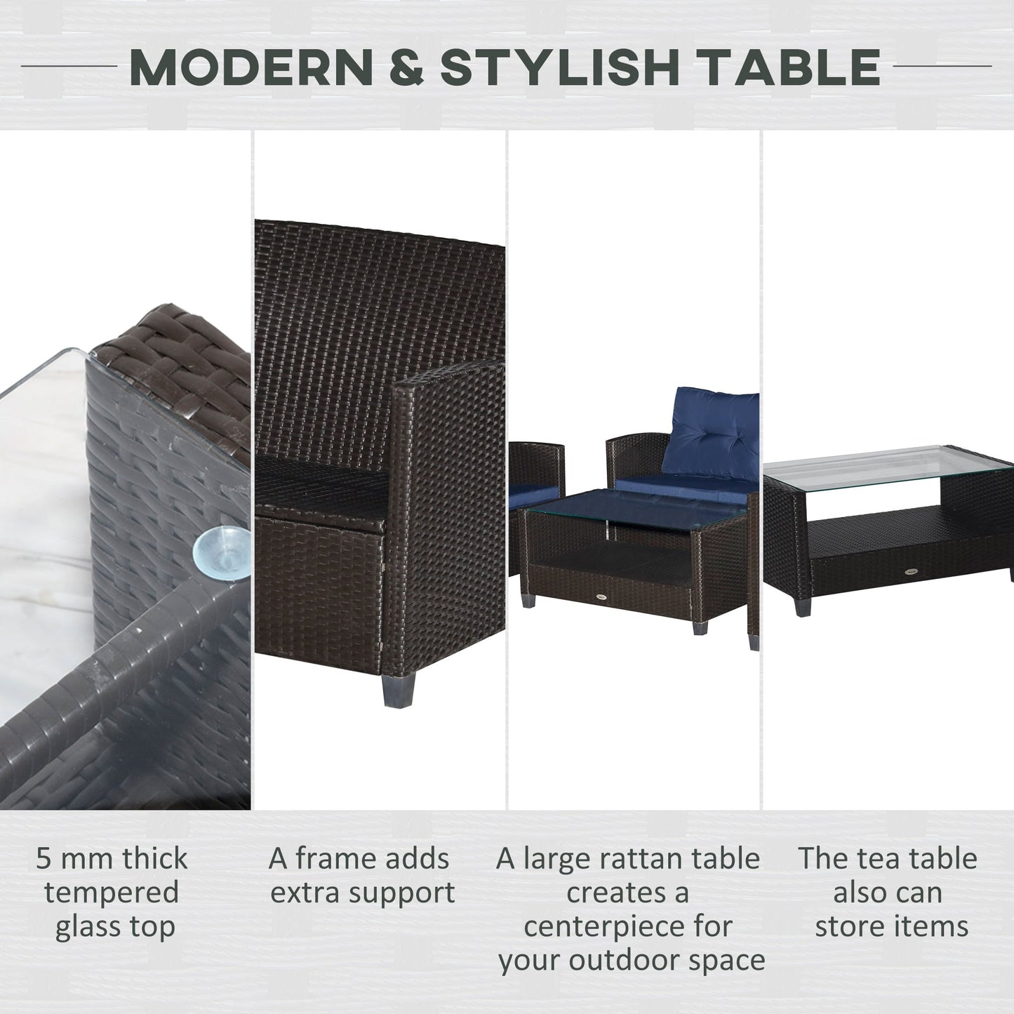 Outsunny 4-Piece PE Rattan Patio Set with Cushions & Two-Tier Coffee Table, Blue - 860-117BU