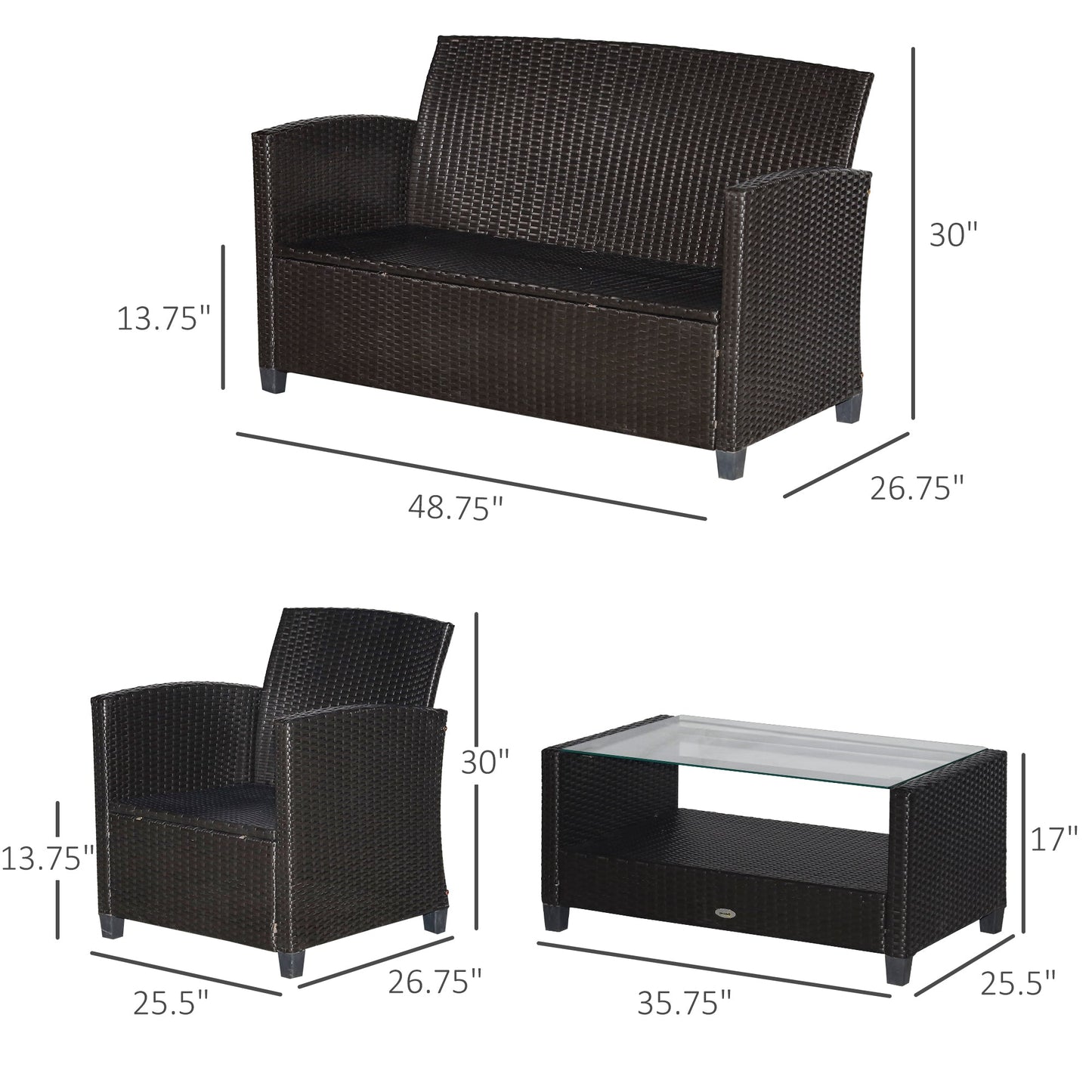 Outsunny 4-Piece PE Rattan Patio Set with Cushions & Two-Tier Coffee Table, Blue - 860-117BU