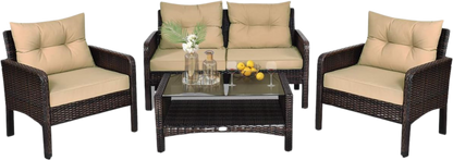 Costway Patio Furniture Set Rattan Outdoor 4 Piece Glass Coffee Table New - HW68637ARE+