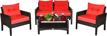 Costway Patio Furniture Set Rattan Outdoor 4 Piece Glass Coffee Table New - HW68637ARE+