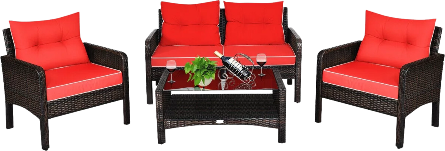 Costway Patio Furniture Set Rattan Outdoor 4 Piece Glass Coffee Table New - HW68637ARE+
