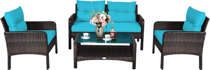 Costway Patio Furniture Set Rattan Outdoor 4 Piece Glass Coffee Table New - HW68637ARE+