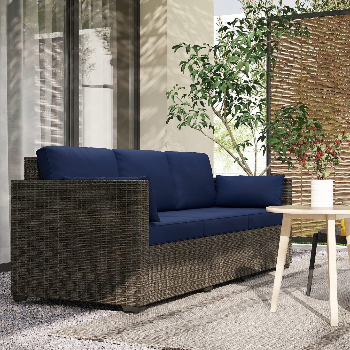 Outsunny 3-Seater PE Wicker Outdoor Sofa with Deep Seating & Removable Cushions, Navy Blue - 860-308V00BN