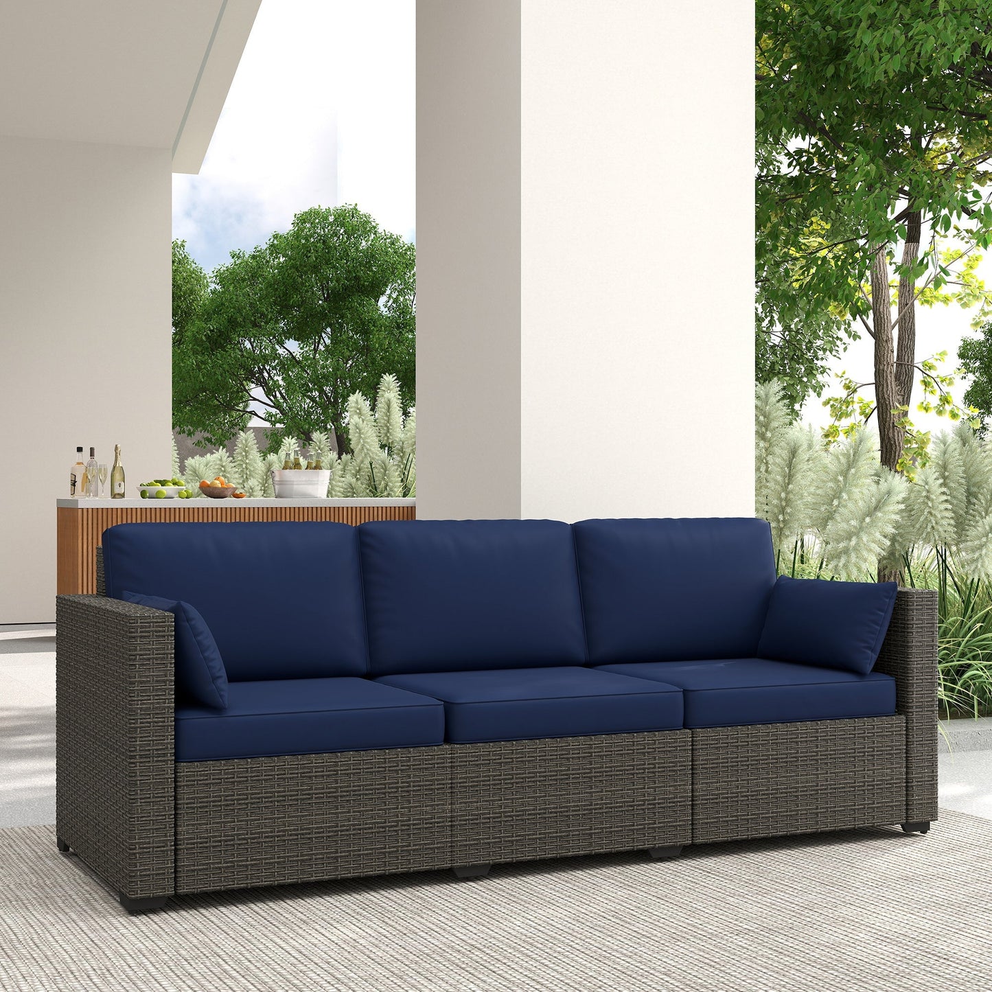 Outsunny 3-Seater PE Wicker Outdoor Sofa with Deep Seating & Removable Cushions, Navy Blue - 860-308V00BN