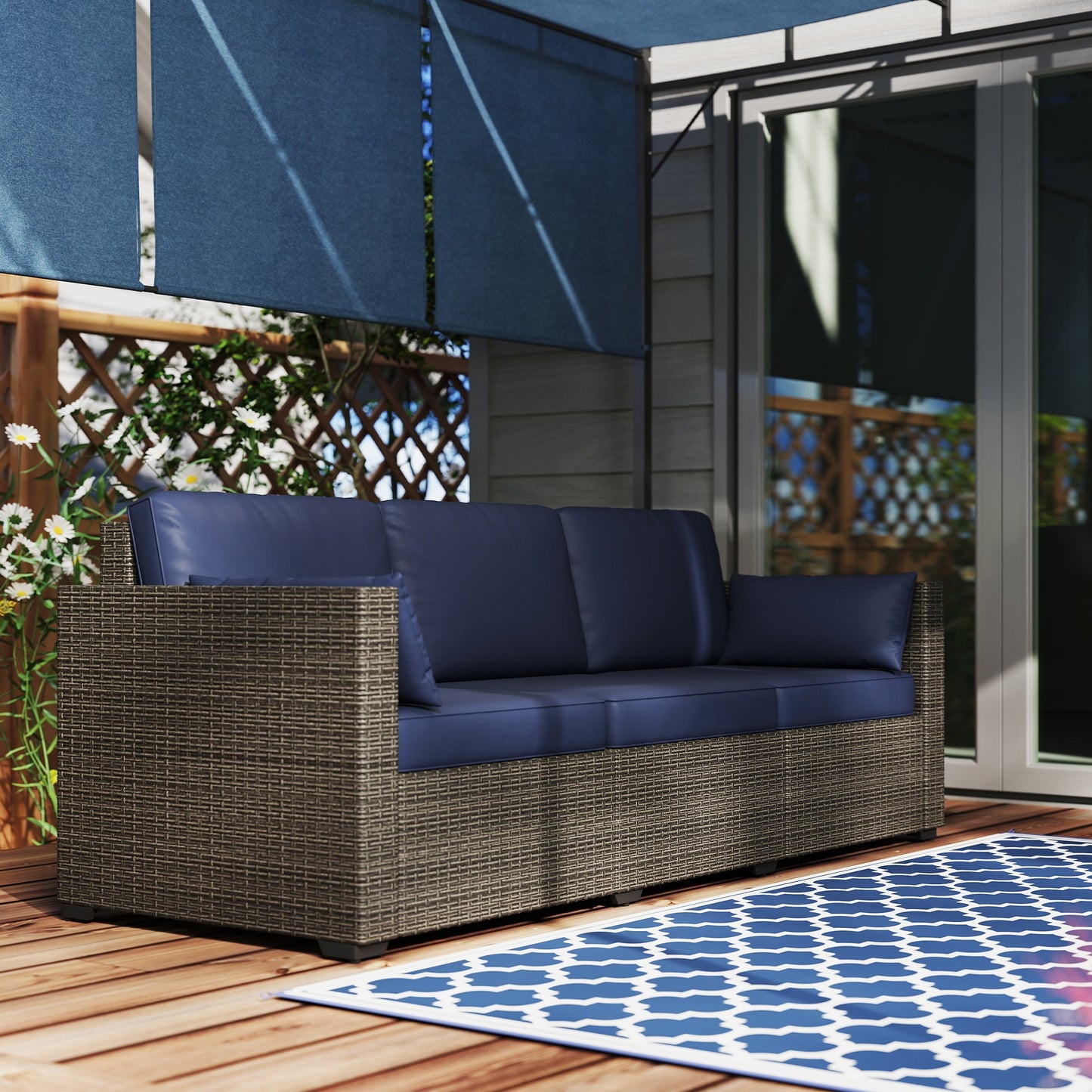 Outsunny 3-Seater PE Wicker Outdoor Sofa with Deep Seating & Removable Cushions, Navy Blue - 860-308V00BN