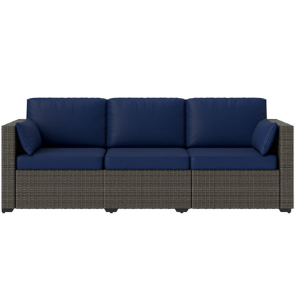 Outsunny 3-Seater PE Wicker Outdoor Sofa with Deep Seating & Removable Cushions, Navy Blue - 860-308V00BN