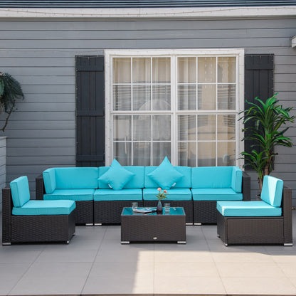 Outsunny 7-Piece All-Weather PE Rattan Sectional Sofa with Glass Coffee Table & Cushions, Turquoise - 860-020CF