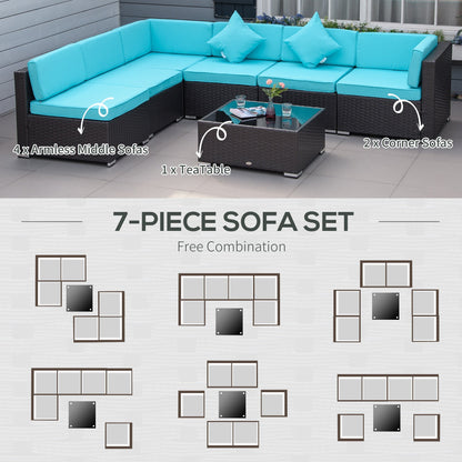 Outsunny 7-Piece All-Weather PE Rattan Sectional Sofa with Glass Coffee Table & Cushions, Turquoise - 860-020CF