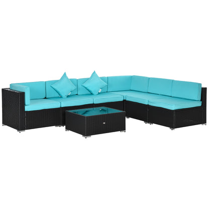 Outsunny 7-Piece All-Weather PE Rattan Sectional Sofa with Glass Coffee Table & Cushions, Turquoise - 860-020CF