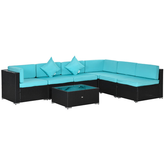 Outsunny 7-Piece All-Weather PE Rattan Sectional Sofa with Glass Coffee Table & Cushions, Turquoise - 860-020CF