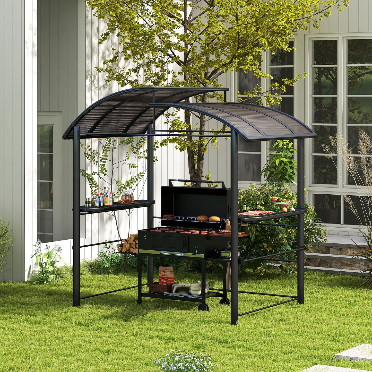 Outsunny 8' x 5' Grill Gazebo Shelter with Vented PC Roof, Side Shelves - 84C-237V01CG