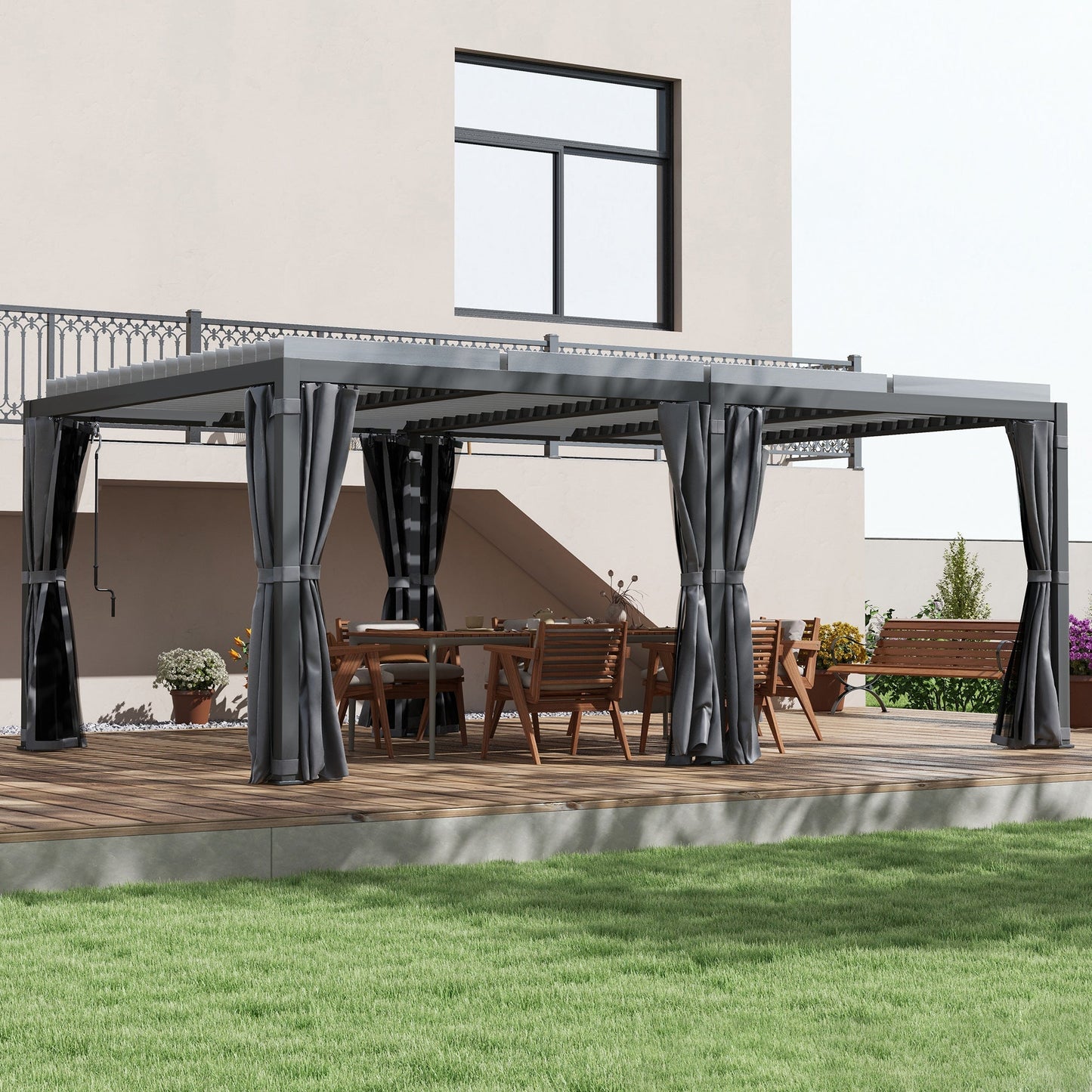 Outsunny 12' x 19' Aluminum Pergola with Adjustable Louvers, Curtains & Netting, Dark Gray- 84C - 509V00CG
