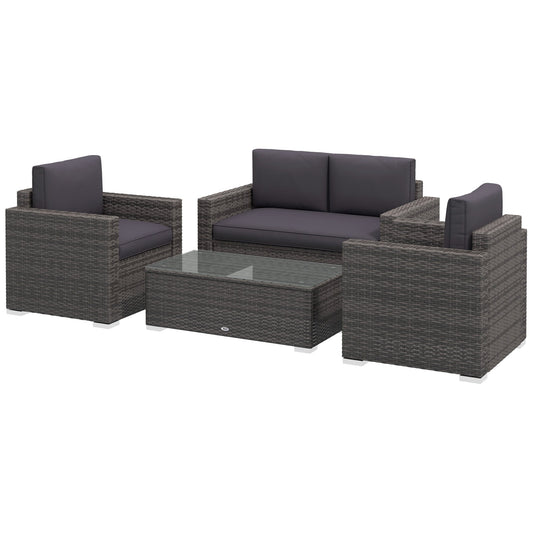 Outsunny 4-Piece Rattan Wicker Sofa Set with Loveseat and Glass Coffee Table for Outdoor Gray - 841-086V02GY